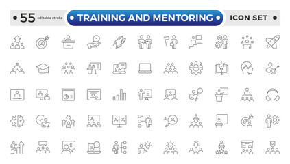 Training and Mentoring Outline icon collection set. Containing development, learning, workshop, coach, mentor, curriculum, seminar icon. Editable stroke outline icon. 
