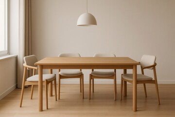 Modern dining room featuring a wooden table, chairs, and a simple pendant light, creating a bright and airy space