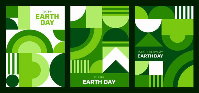 Earth day posters with abstract geometric pattern. Vector vertical environmental cards for April 22 celebration. Environment and ecology awareness with modern modular mosaic shapes in green and white - Powered by Adobe