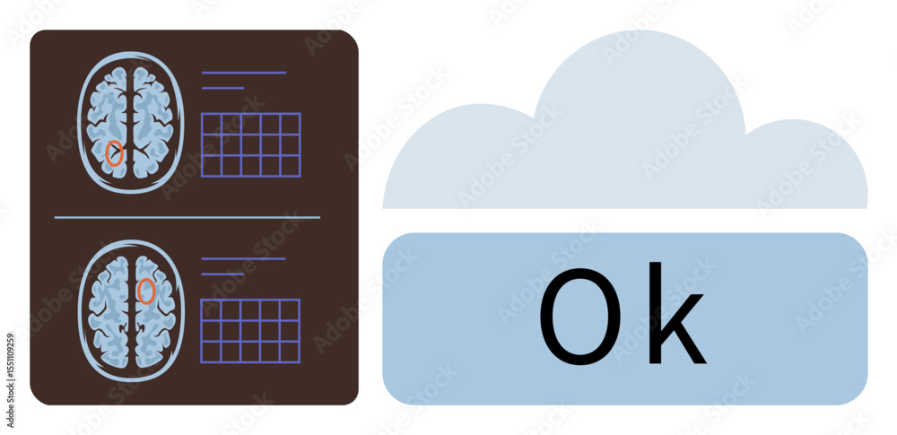 Poster brain scan images displayed with annotation grids beside a cloud graphic featuring an ok message. id