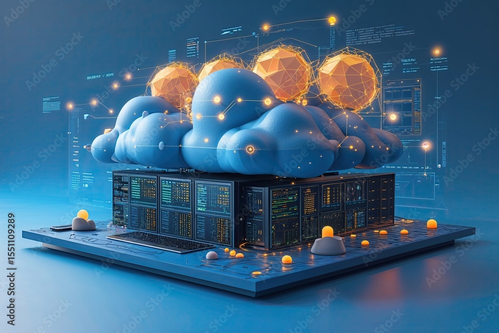 Poster innovative data visualization in advanced cloud computing on a blue surface