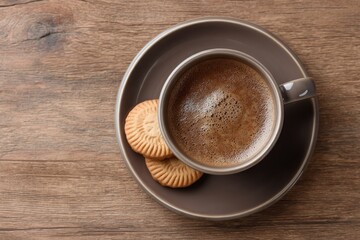 Overhead shot Coffee cup on saucer w 2 biscuits on wood table
