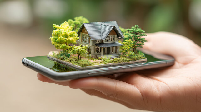 A smartphone displays a miniature house, symbolizing real estate and technology integration in modern home management.