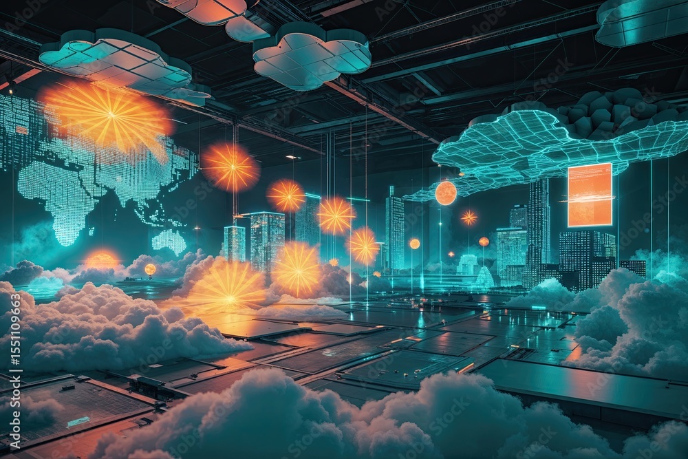 Poster innovative web technologies using synthetic holograms and teal orange light displays in cloud archit