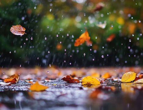Autumn rain falling on colorful leaves (1)