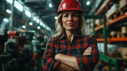 A strong and confident woman stands with crossed arms at an industrial site, showcasing her determination and professional spirit in a vibrant warehouse environment.
