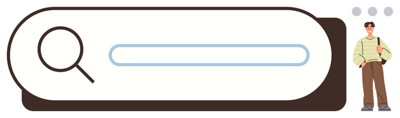 Magnifying glass and search bar evoke exploration and discovery. Person adds human element. Ideal for research, usability, creativity, growth, innovation, analysis online searches. Simple flat
