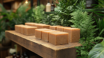 handmade brown soap bars neatly arranged on rustic wooden tray with fresh greenery, natural skincare and eco-friendly beauty concept