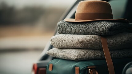 A cozy travel setup featuring neatly stacked knitted sweaters and a stylish hat, evoking a sense of comfort and adventure in a serene outdoor environment.
