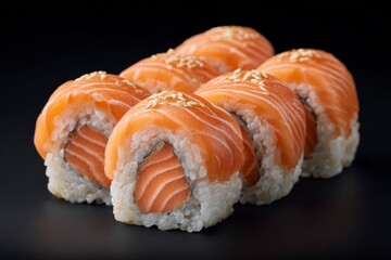 Salmon sushi rolls feature rice salmon and sesame seeds against a dark backdrop