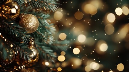 A captured moment of a beautifully decorated Christmas tree adorned with golden ornaments, surrounded by a softly glowing bokeh, symbolizing warmth and holiday spirit.