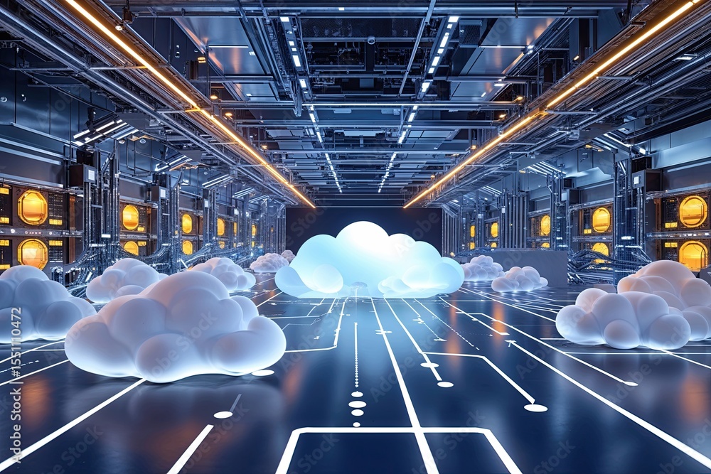 Poster innovative cloud infrastructure design with advanced connectivity and futuristic digital grid