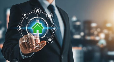 Businessman touching smart home icon representing real estate investment and financial growth
