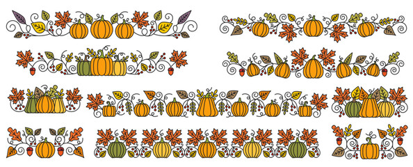 Ornate thanksgiving pumpkin and harvest dividers borders. Cartoon vector trims with fall leaves, acorns, berries and curly vines. Autumn decorative elements for seasonal holiday greeting or invitation