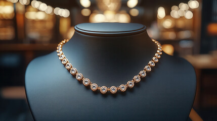 elegant gold necklace on black display with soft shadows, luxury fashion accessory showcase