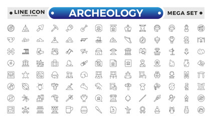 Archeology Outline icon set. Historical line icon. Contain linear symbols exhibition, antiquity, art, old, archaeologic, heritage and more. Antiques modern icon. Editable stroke outline icon. 
