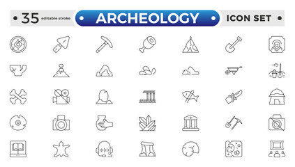 Archeology Outline icon set. Historical line icon. Contain linear symbols exhibition, antiquity, art, old, archaeologic, heritage and more. Antiques modern icon. Editable stroke outline icon. 
