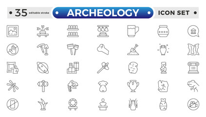 Archeology Outline icon set. Historical line icon. Contain linear symbols exhibition, antiquity, art, old, archaeologic, heritage and more. Antiques modern icon. Editable stroke outline icon. 
