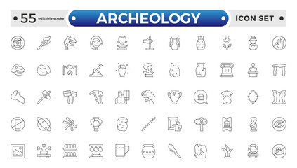 Archeology Outline icon set. Historical line icon. Contain linear symbols exhibition, antiquity, art, old, archaeologic, heritage and more. Antiques modern icon. Editable stroke outline icon. 
