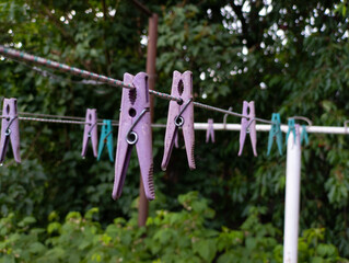 A bunch of clothes pegs hanging on a clothes line