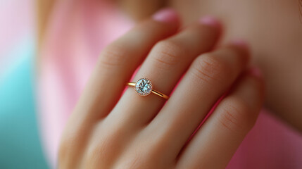 fine gold ring worn on hand against pastel pink and blue background 