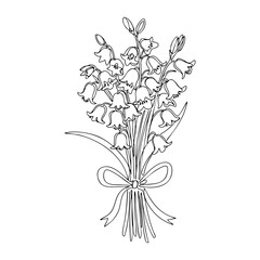 Vector line art of lily of the valley bouquet tied with ribbon, featuring bell-shaped flowers and slender leaves