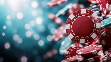 This image features a dynamic arrangement of colorful casino chips set against a blurred background of soft lights, representing excitement and thrill in gambling.