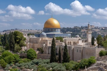 Fototapeta premium The Dome of the Rock stands prominently amidst Jerusalems architectural landscape under a partly cloudy sky