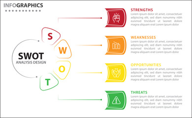 Clean and modern SWOT analysis infographic template. Editable design for presentations, business reports, or strategy plans. Highlights Strengths, Weaknesses, Opportunities, and Threats clearly.