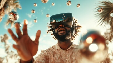 A man enjoying a virtual reality experience outdoors, surrounded by whimsical floating objects, capturing the wonder of technology merging with a bright, sunlit day.