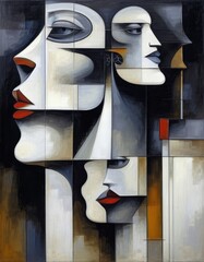 Abstract woman's faces composed of shapes. Cubism art style.