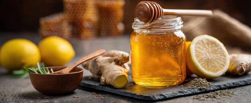 The jar of golden honey surrounded by fresh lemons and ginger pieces.