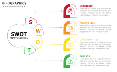 Obraz premium Clean and modern SWOT analysis infographic template. Editable design for presentations, business reports, or strategy plans. Highlights Strengths, Weaknesses, Opportunities, and Threats clearly.