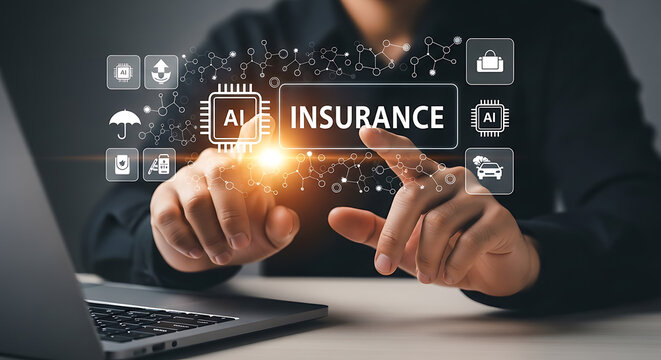 Businessperson interacting with ai insurance technology on a laptop for financial protection