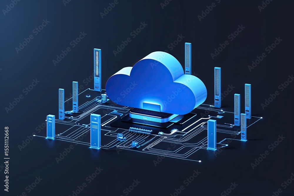 Poster data storage and cloud computing technology with digital cloud icon on dark abstract background