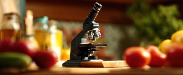Obraz premium The Microscope on a Kitchen Counter Surrounded by Fresh Vegetables and Fruits