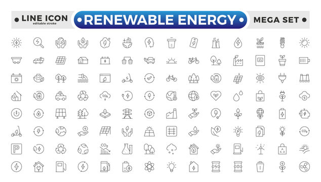 Renewable energy Outline icon set. Energy, efficiency, solar energy, green, sunlight, wind, and water outline icon collection. UI thin outline icon pack. Editable stroke outline icon. 
