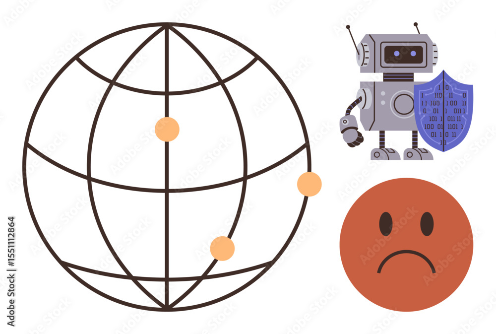 Poster global network sphere with connected dots, shielded ai robot, and unhappy face. ideal for cybersecur