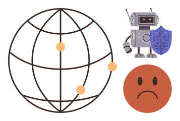 Global network sphere with connected dots, shielded AI robot, and unhappy face. Ideal for cybersecurity, AI ethics, data protection, global connections, user experience, digital safety online
