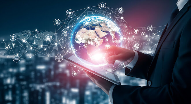 Businessman touching digital tablet connected to global network of information security and data transmission