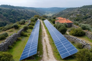 Two rows of solar panels stretch across a rural landscape with a stone house bordered by stone walls and vegetation