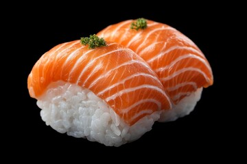 Two salmon sushi nigiri on a black background topped with small green herbs