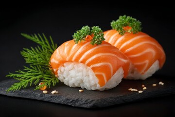 Two salmon sushi nigiri on a dark stone plate garnished with green herbs and sesame seeds