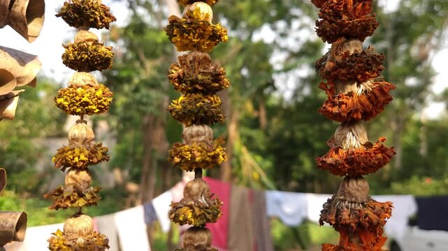 Beautiful marigold flower garland with green mango leaves hangs as a traditional decorative border in the background, symbolizing Indian culture, religion, and festive celebrations like Diwali, Pongal