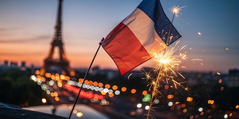 Timeless vector art captures a stunning time-lapse sunset over the city, where twilight's light reveals monuments and stars amidst the vast, iconic sky, Bastille day celebration.