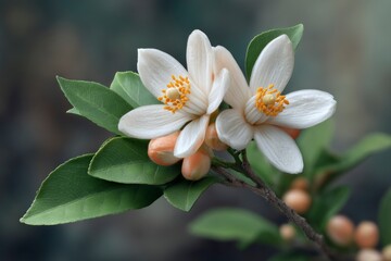 Two white citrus blossoms w orange stamens cluster on a branch amidst green leaves and fruit buds set against a blurred background