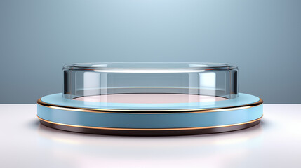 Blank glass circle pedestal for showing product, blue and golden, marketing promotion, no people, ai
