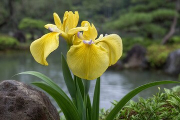 Two yellow iris flowers with a touch of lavender stand prominently against a blurred background of water rocks and greenery