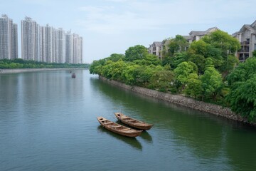 Two wooden boats sit on a wide river flanked by buildings and trees