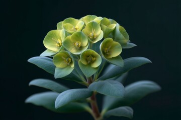 Upclose photo of a green flowering plant showing blossoms and leaves against a dark background